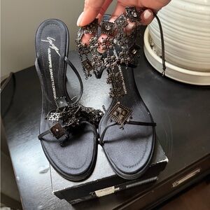 Giuseppe Zanotti Black Satin Embellished Strappy Sandals